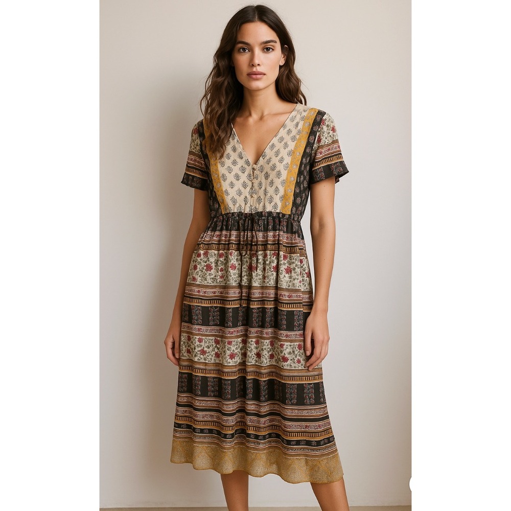 Anthro One September sz L Dress Floral Print Midi Beige Yellow Boho Cottage‎